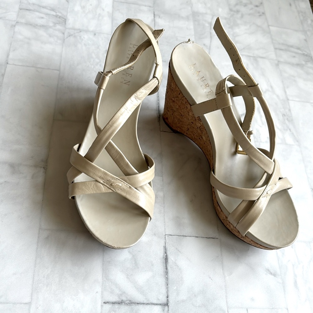 Lauren Ralph Lauren Strappy Leather Cork Wedges (Size 7.5)